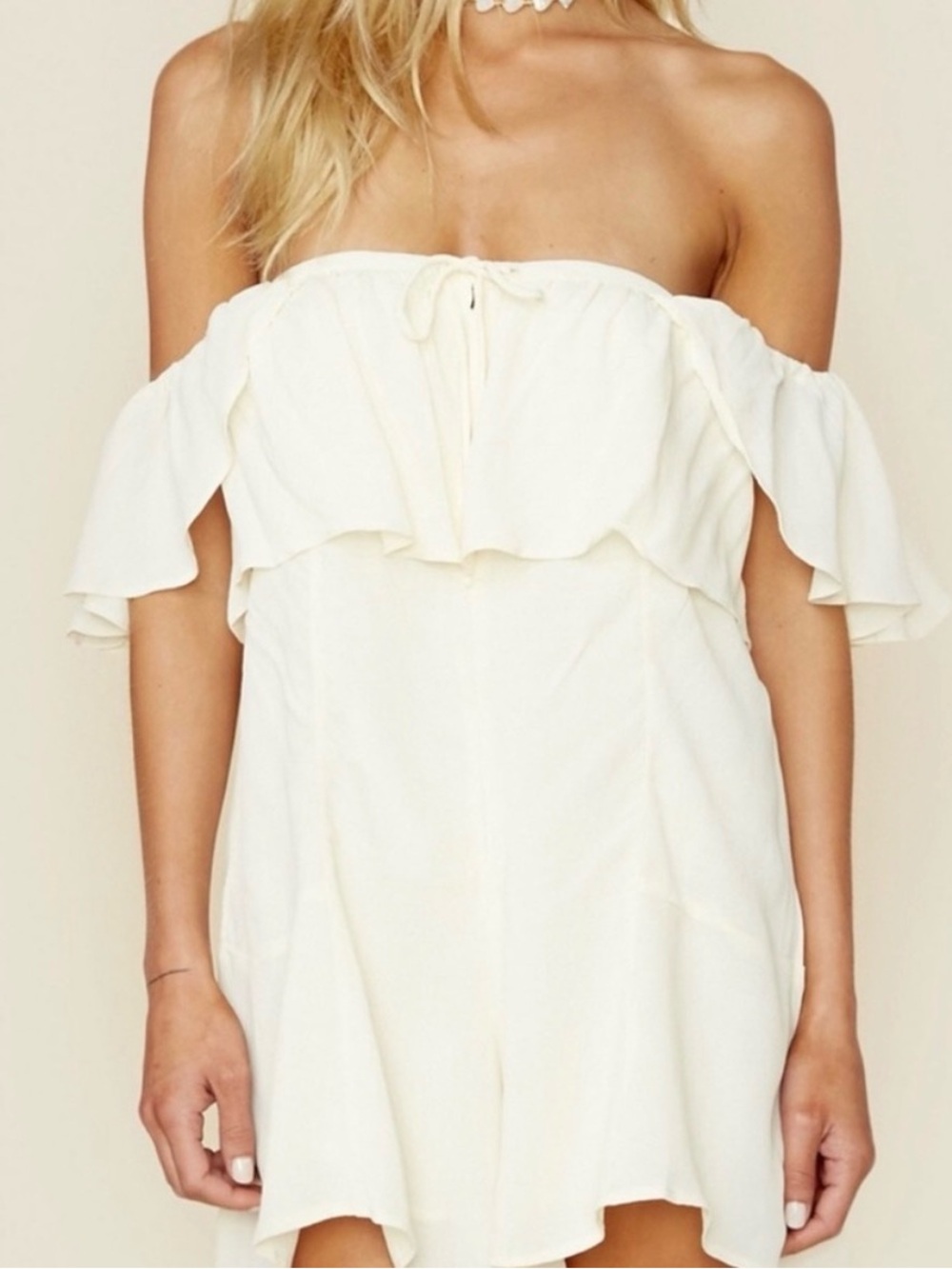 Privacy Please Cody Off-Shoulder Ruffle Romper in Cream